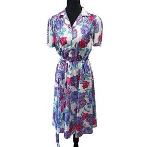 Vintage 80s Floral Paisley Shirt Dress Short Sleeve Size 8P Prairie Romantic‎